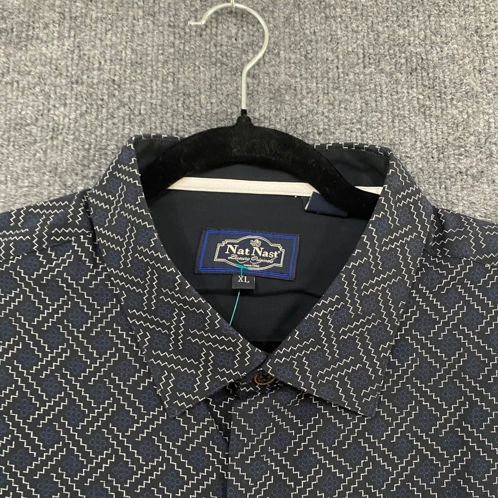 Nat Nast Mens XL Silk Cotton Short Sleeve Button Down Shirt Navy Geometric 1353 - Picture 2 of 16